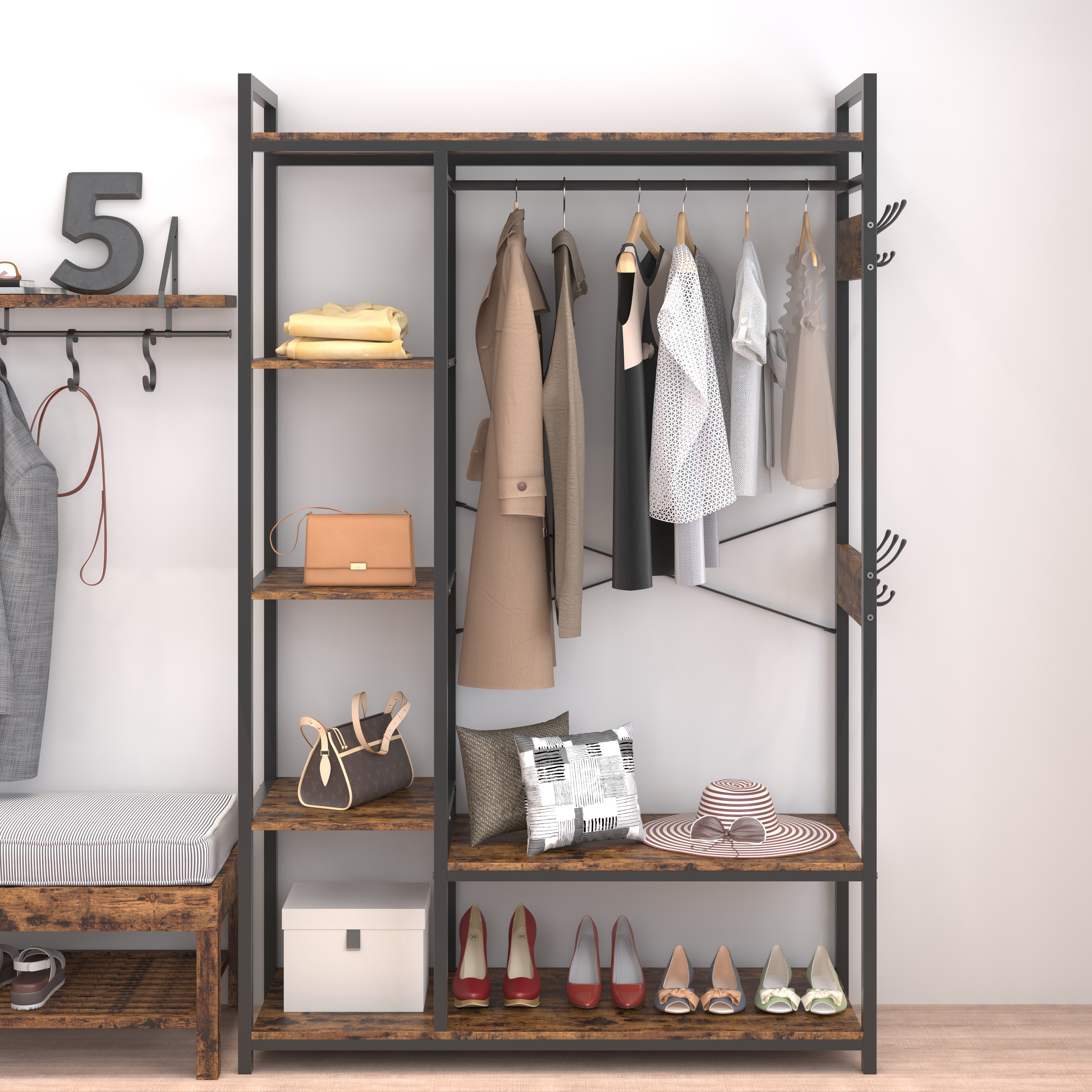Metal Wood Free-standing Closet Clothing Rack Closet Organizer