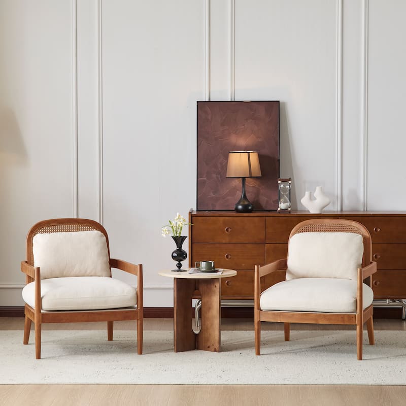 26.6" Solid Wood Accent Chair with Rattan Backrest, Cushioned Seat, Stylish Armchair for Living Room, Reading Nook, Set of 2