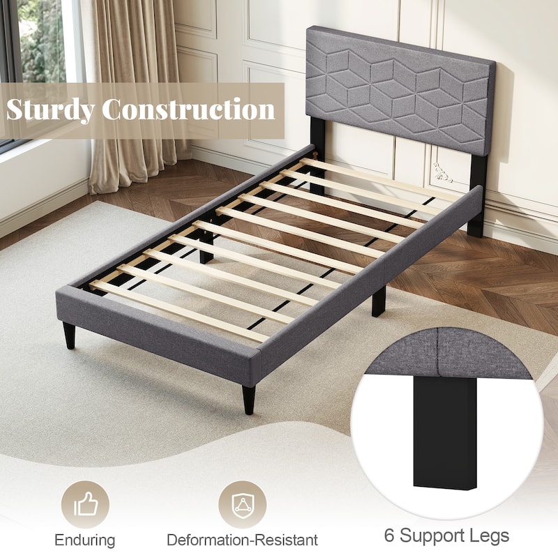 Gray Twin Size Upholstered Platform Bed Frame with Linen Headboard and Low Profile Modern Design
