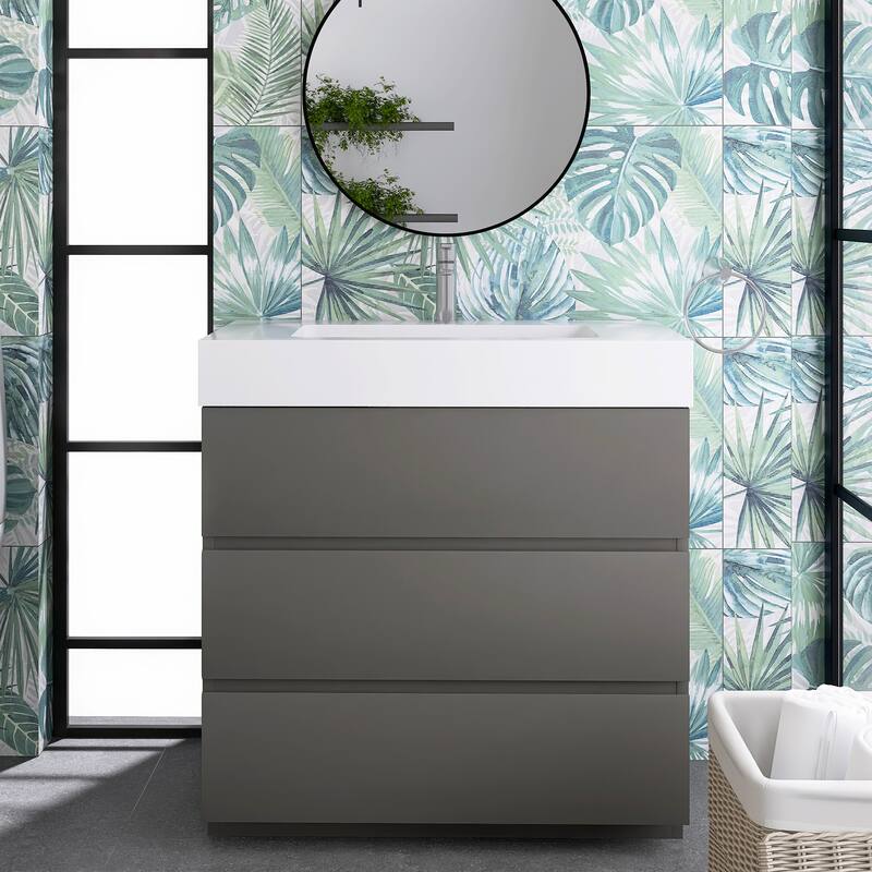 Freestanding Bathroom Vanity with White Solid Surface Top - 35.8'' x 18.1'' x 37'' - Gray
