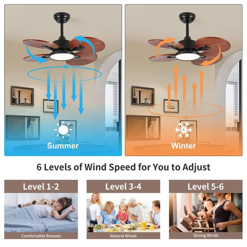 33-Inch Ceiling Fan with Light, 5 Solid Wood Blades, DC Motor, APP & Remote Control, Dimmable Full-Spectrum LED
