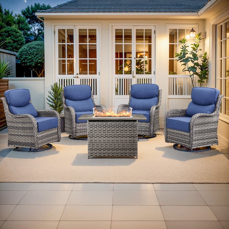 Pocassy 5 Pieces Outdoor 6 Inch Swivel Chair with Fire Pit Table - Blue cushion - Gray Wicker