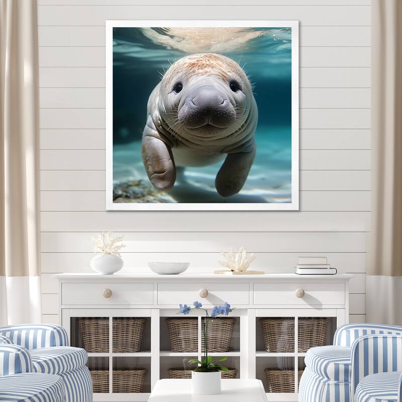 Designart "Curious Manatee Gaze III" Manatee Wall Decor Blue Modern Entryway Framed Wall Art - 30 in. wide x 30 in. high - White