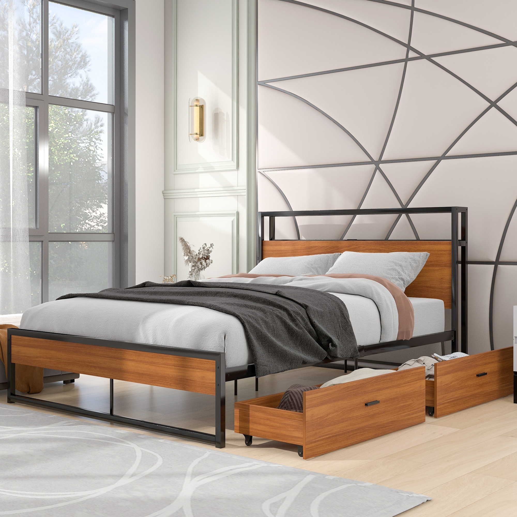 Suzanne metal and wood platform outlet bed frame with usb port