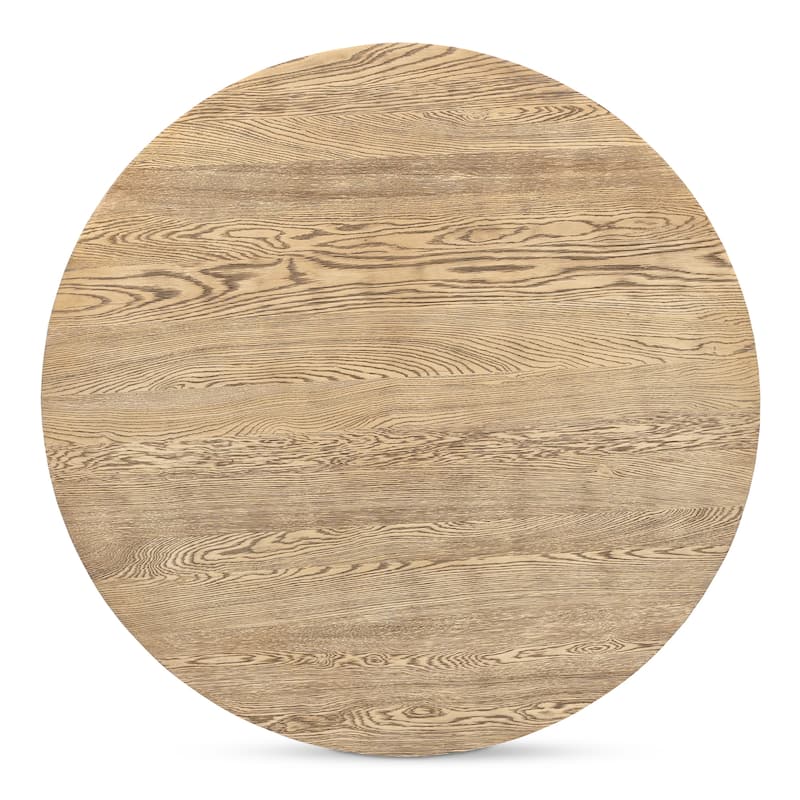 NADAAL STUDIOS Arlisse Dining Table for 6, Round Oak Wood Top, Dual-Layer Top with V-Groove Iron Crossing Base, Dark Brown