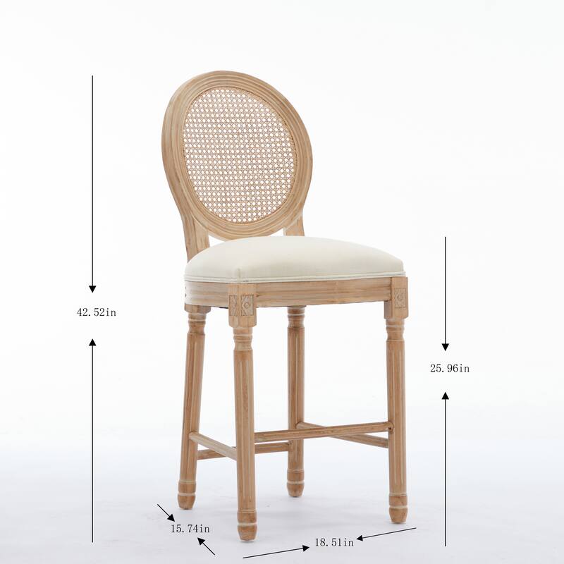 Solid Wood Bar Stools Set of 2, Counter Height Upholstered Bar Stools, Kitchen Bar Stools with Round Rattan Back