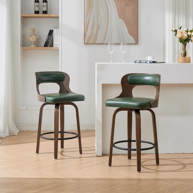 SEYNAR PU Leather 360 Degree Swivel Open Back Bar Stools Wood Legs Set of 2 - Green