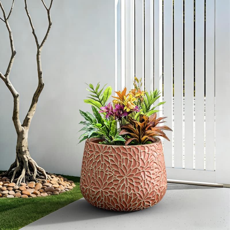 Concrete Tall Round Planter with Floral Pattern with Drainage Holes - 18 x 13.5