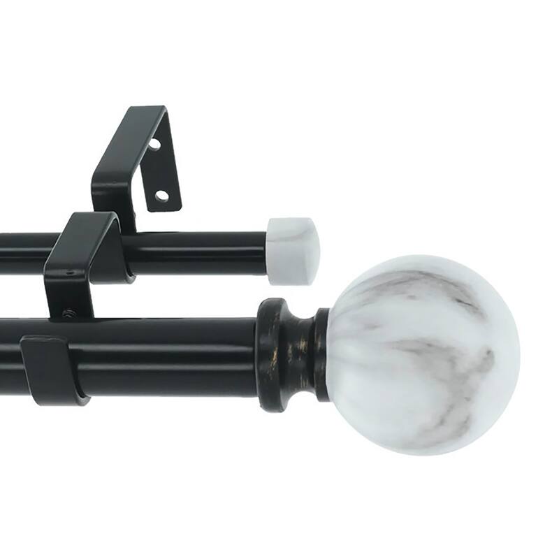Meriville 1-Inch Diameter Double Window Curtain Rod, White Marble Ball Finial - Black - 28"-48"