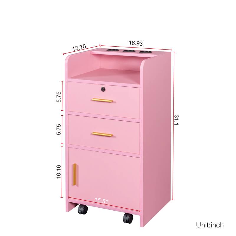 Roomfitters Salon Storage Cabinet, Rolling Beauty Station with Lockable Drawers and Hair Dryer Holder, Pink