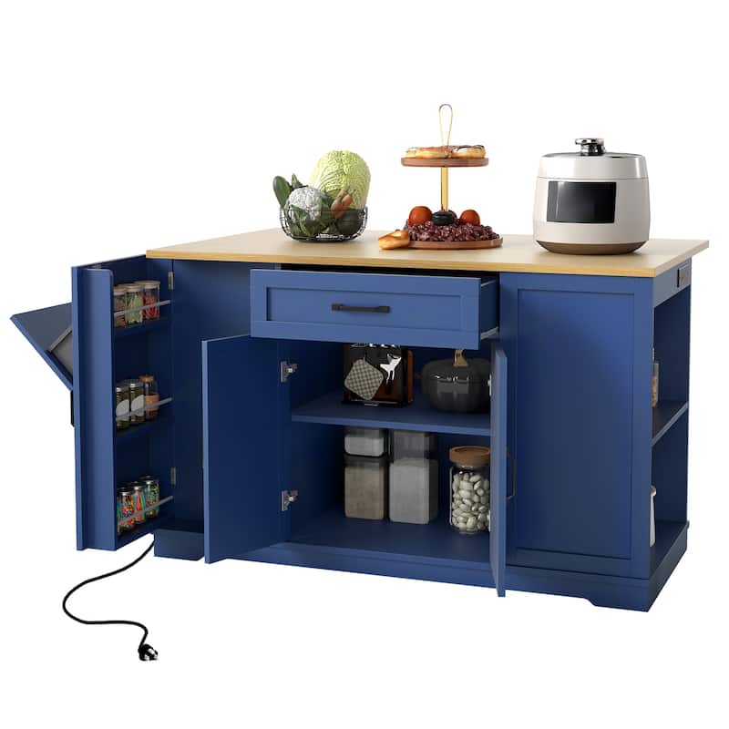 Moasis Rolling Kitchen Island with Trash Can Storage and Power Outlet &Spice Rack