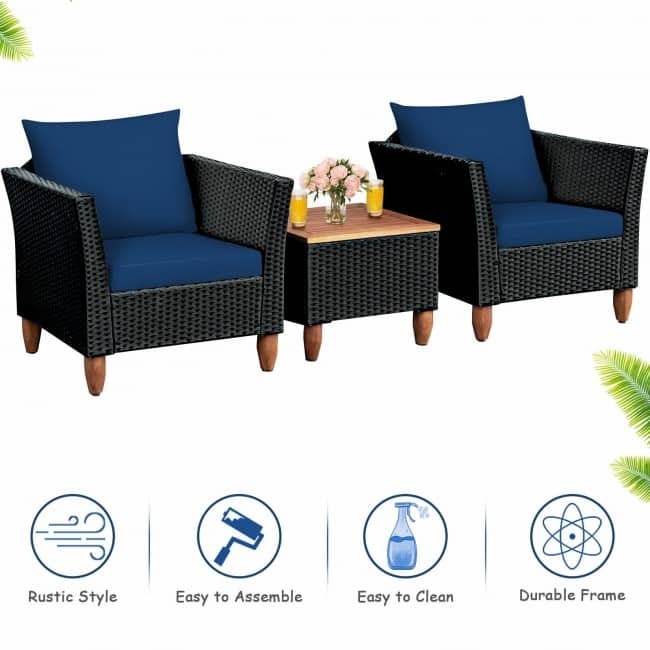 3 Pcs Outdoor Patio Rattan Furniture Set Wooden Table Top Cushioned Sofa - 29" x 27" x 28" (L x W x H)