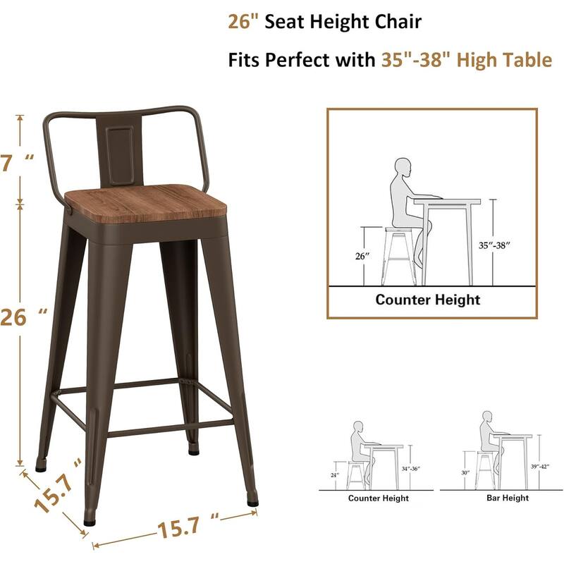 Counter & Bar Stools with Metal Frame Kitchen Stools with Low Back Kitchen Bar Furniture Stools with Square Wooden Seat