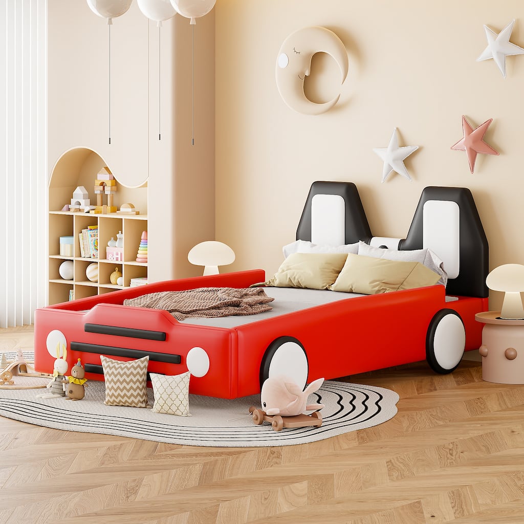 Red Twin Size Race Car-Shaped Platform Bed with Wheels