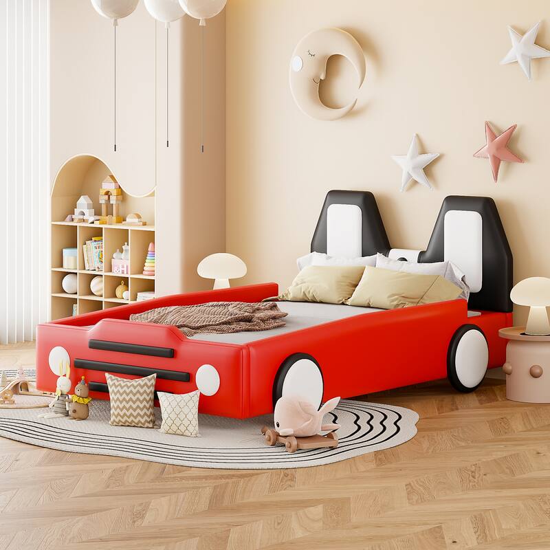 Twin Race Car-Shaped Platform Bed with Wheels, Safety Rails, PU Leather, Pine Wood Frame for Kids' Rooms - Red