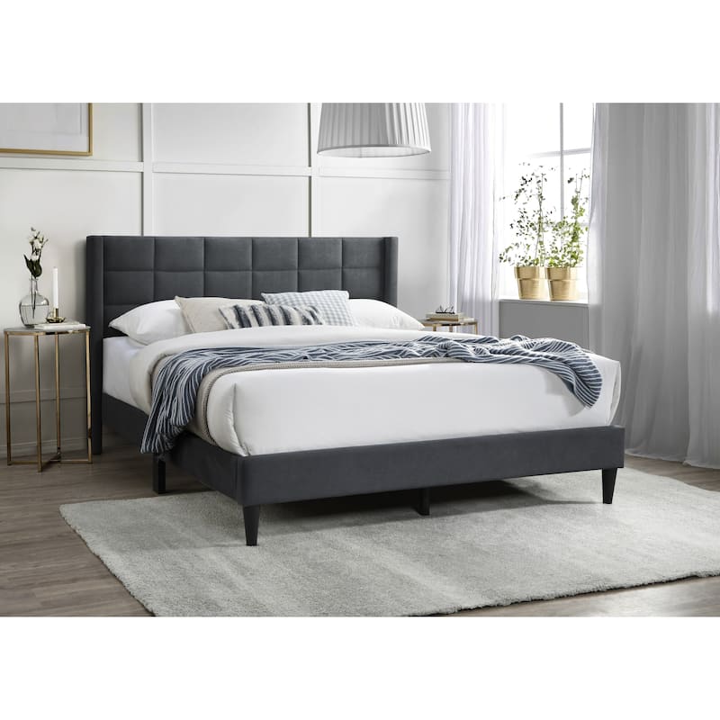 Elegant Modern Charcoal Brushed Linen 1pc Queen Size Bed Upholstered Box Design Headboard Bedframe