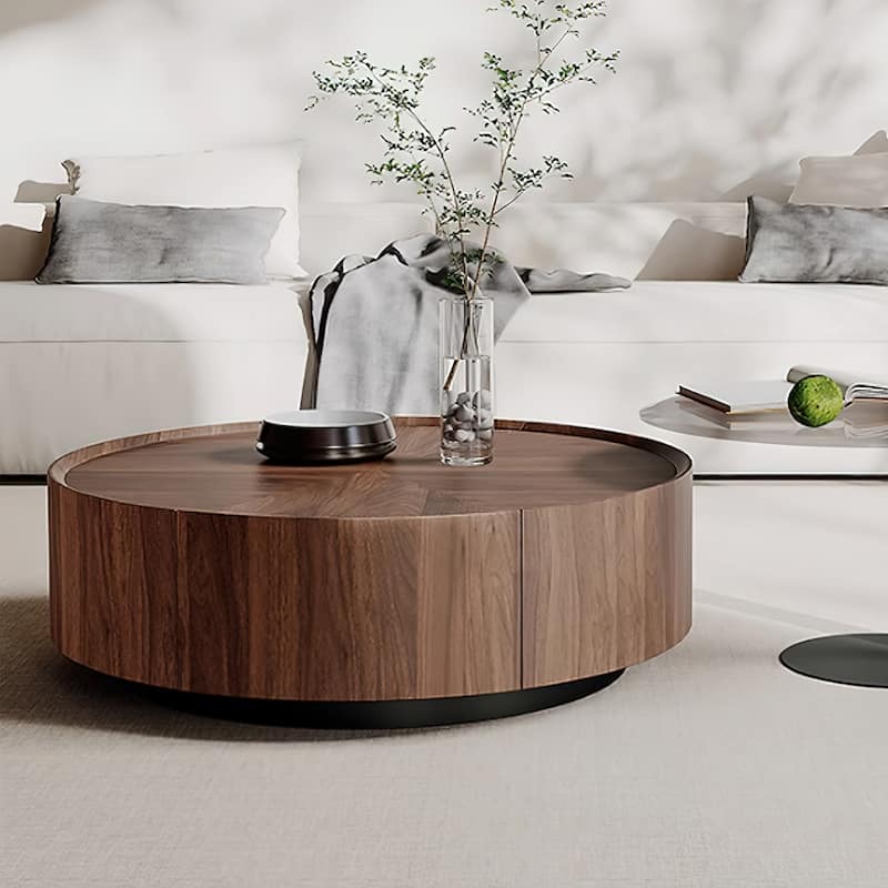 Industrial Walnut Round Coffee Table with Storage Drawers for Living Room and Home Office - 7'6" x 10'9"