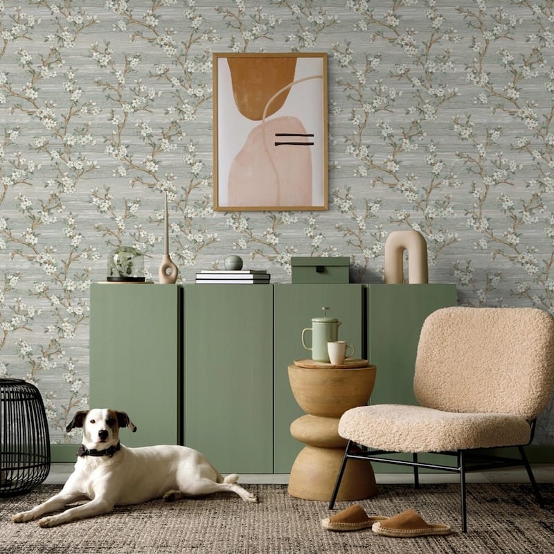 Flocked Botanical Blossom Pattern Stylish Floral Wallpaper - Green