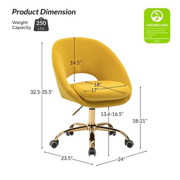 dimension image slide 13 of 18, HULALA HOME Ramona Modern Velvet Height Adjustable 360 Swivel Task Chair with Metal Base
