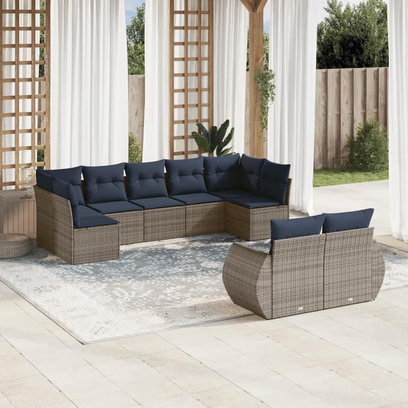 vidaXL 9 Piece Patio Sofa Set with Cushions Grey Poly Rattan - 24.4" x 24.4" x 27.2" - Grey and blue Without table