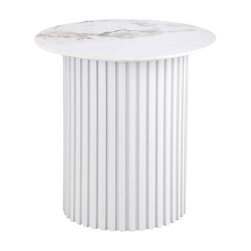 Round Sintered Stone End Table with Fluted Metal Base in White - White - Marble