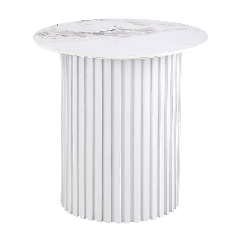 Round Sintered Stone End Table with Fluted Metal Base in White