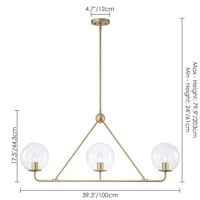 3-Light Modern Vintage Brushed Gold Linear Clear Glass Globe Bubble Pendant Light for Dining Room
