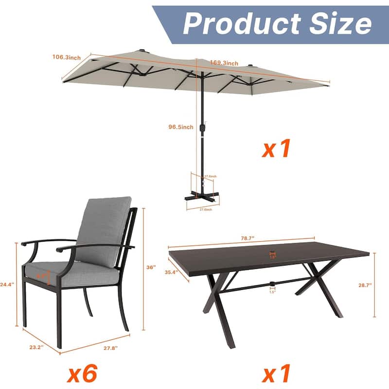 Kullavik 8 Pieces Outdoor Dining Set with 6 Single Chairs, X-Leg Table and Double-Sided Umbrella