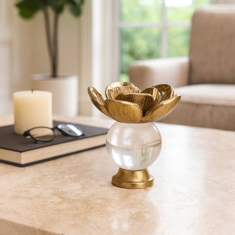 Metal Sculpture Flower Statue with Orb Base Decorative Style - 5" Gold - 5.5" x 5.5" x 5"