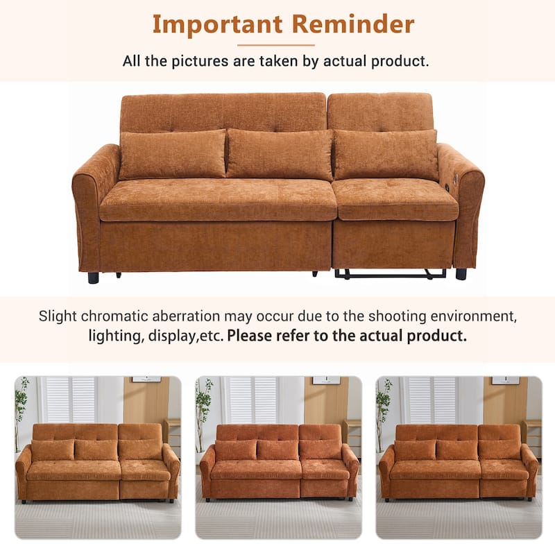 82" 2-in-1 Orange Chenille Three-seater Sofa with Sofa Bed, Reversible Recliner & USB Ports
