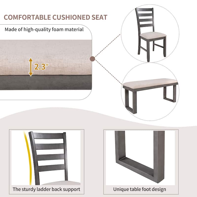 6 Piece Dining Table Set, Solid Wood Dining Room Furniture Set with Rectangular Table, 4 Upholstered Chairs and Bench