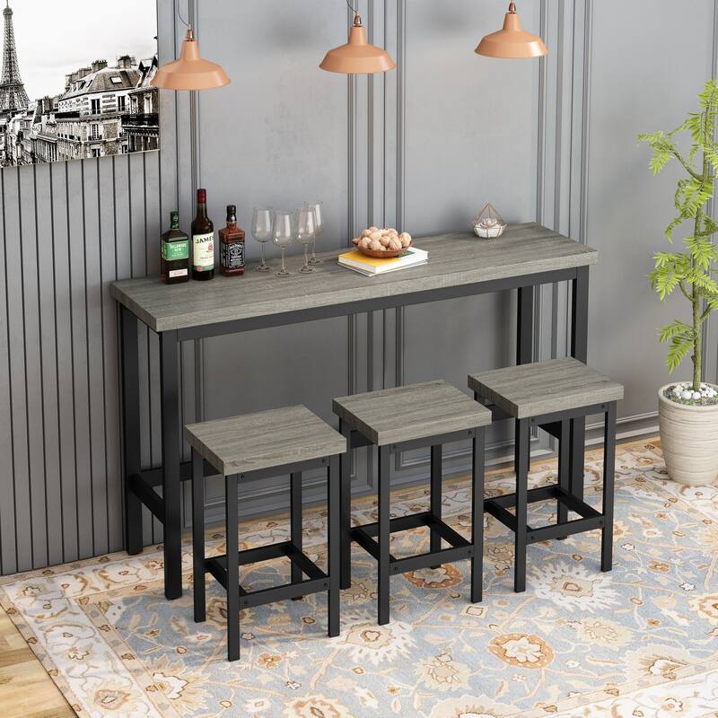 Counter Height Extra Long Dining Table Set with 3 Stools Pub Kitchen Set Side Table with Footrest - Grey