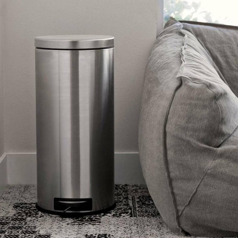 Silver Stainless Steel Round Trash Can with Step Lid and Removable Liner