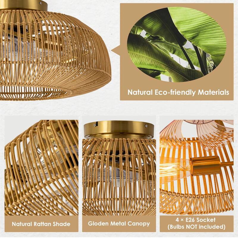 20 in. 7-Blade Boho Farmhouse Woven Rattan Cage 4-Light Semi-Flush Mount Ceiling Fan with Remote - 19.6 in. W x 9.8 in. H