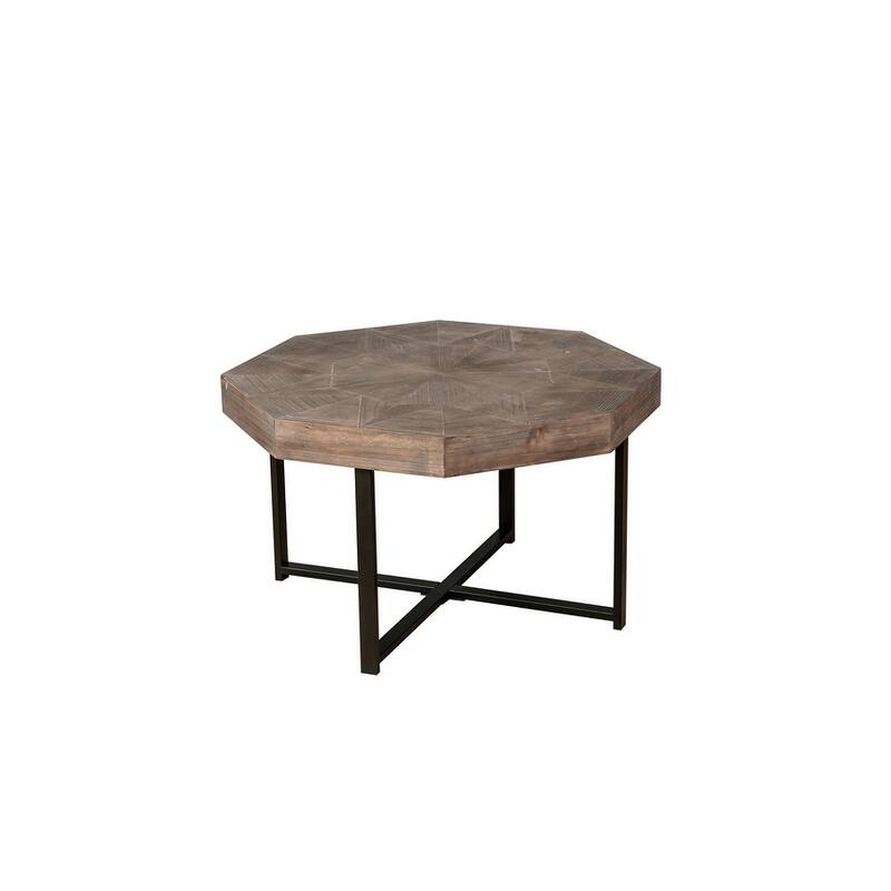 30" Octagonal Wood Coffee Table with Cross Metal Base, Farmhouse Vintage Style