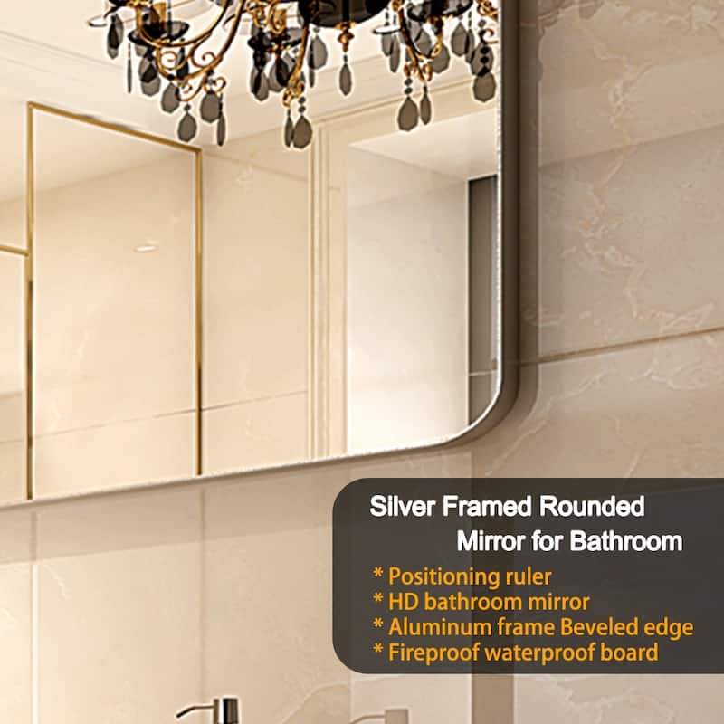 Rectangular Silver Rounded Corner Frame Vanity Mirror with Clear Glass