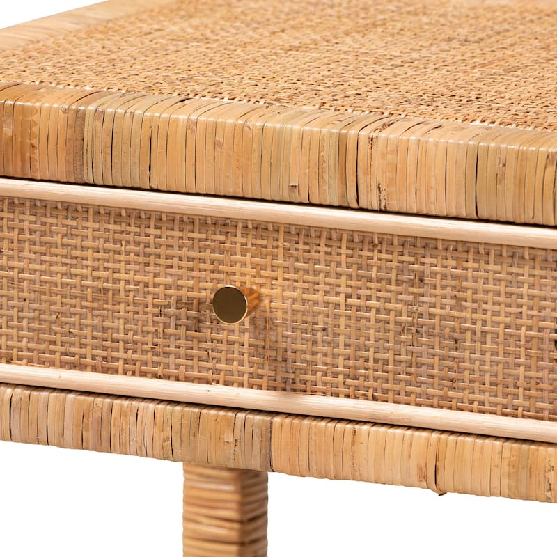 Adelia Modern Bohemian Natural Rattan and Mahogany Wood 1-Drawer Nightstand
