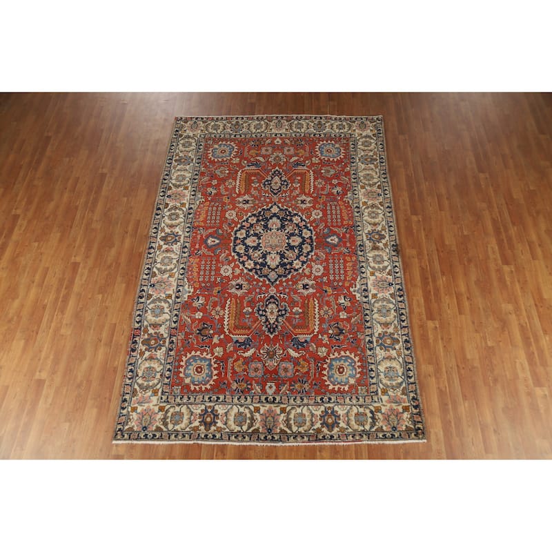 Vegetable Dye Tabriz Persian Vintage Rug Handmade Orange Wool Carpet - 6'10" x 10'5"
