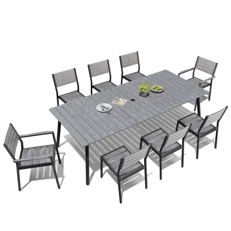 Outdoor Patio Dining Set 7/9 Piece Furniture Set Aluminum Dining Table with Umbrella and Stackable Chairs