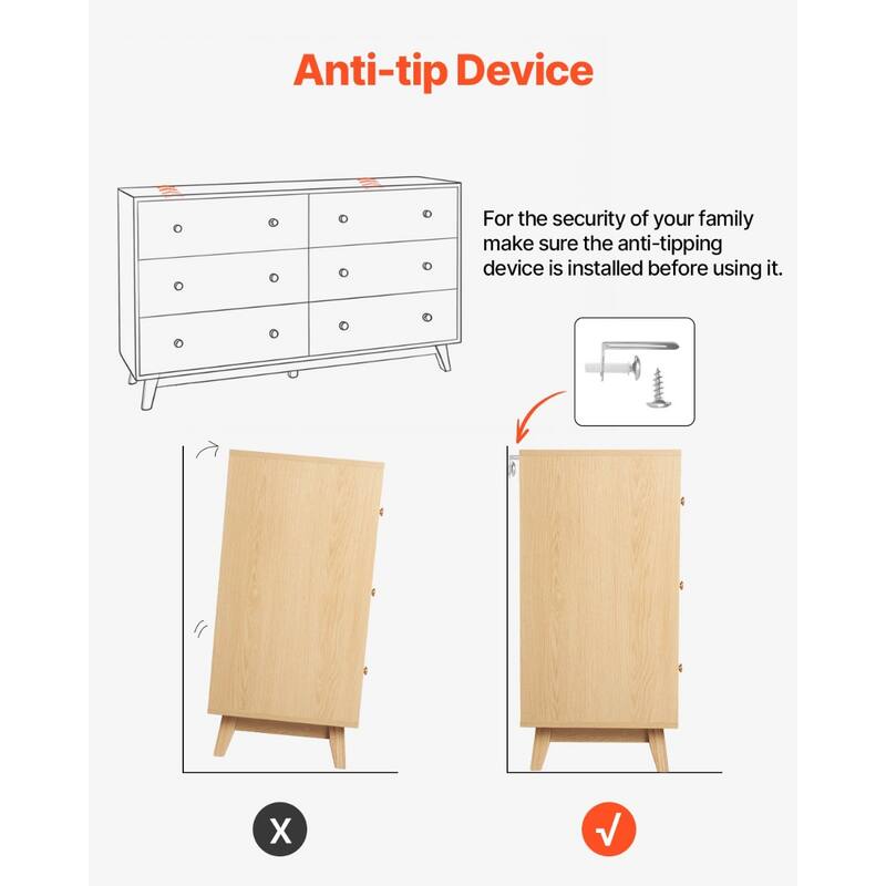 Light Wood Particleboard MDF Rubberwood Dresser 6 Drawers Modern Metal Handles