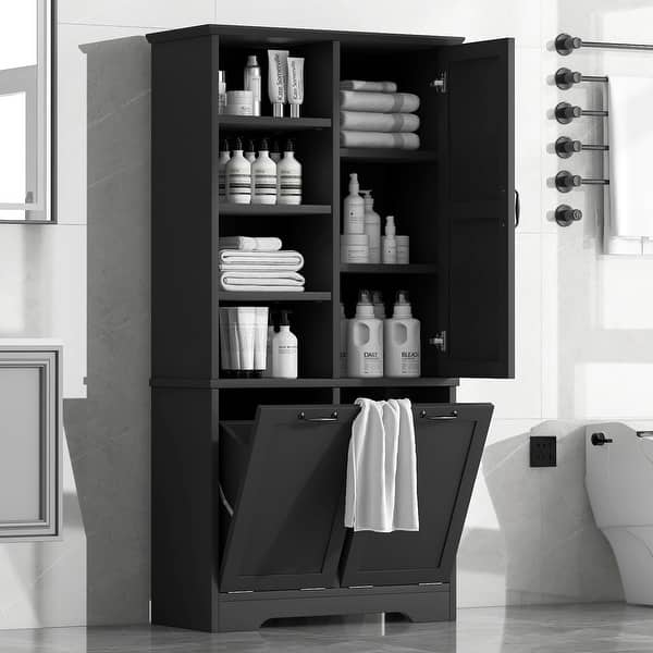 slide 2 of 77, GDFStudio - Elijah Tall Bathroom Cabinet with Tilt-Out Laundry Hampers and Adjustable Shelves Storage Cabinet - Black