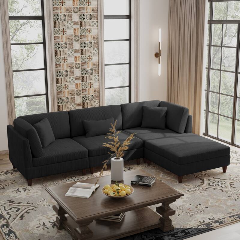 Corduroy Convertible Couch Modular Sectional Sofa with Ottoman