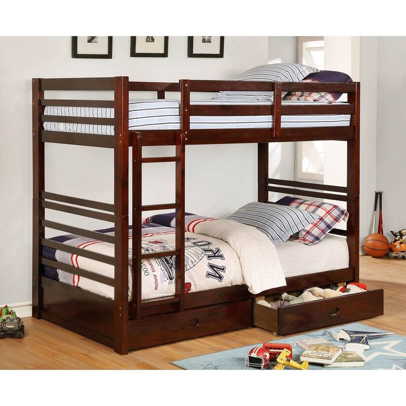 Twin Over Twin Bunk Bed with Two Drawers and Attached Ladder in Dark Walnut