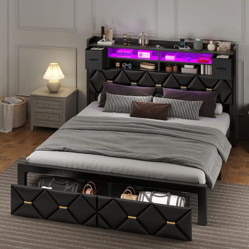 Black Farmhouse Bed Frame Upholstered Headboard Platform Bed with Charging Station