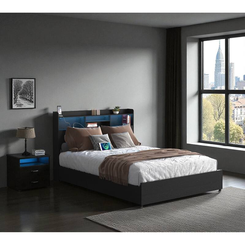 Bed Frame with 4 Storage Drawers, LED Headboard Shelf, Charging Station, No Noise Metal Platform Bed No Box Spring Needed - Black - Queen