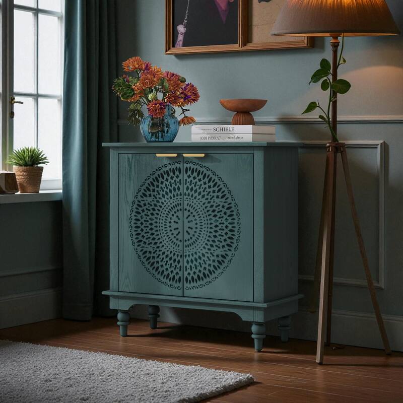 Hollow Carved 2-Door Accent Cabinet Sideboard Buffet Storage Cabinet for Entryway Living Room or Bedroom