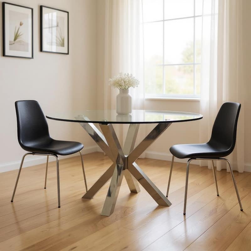 HomeRoots 54" Clear and Silver Glass and Metal Cross Leg Base Round Top Dining Table - 54.00 in. x 30.00 in. x 54.00 in. - Clear - 54.00 in. x 30.00 in. x 54.00 in.