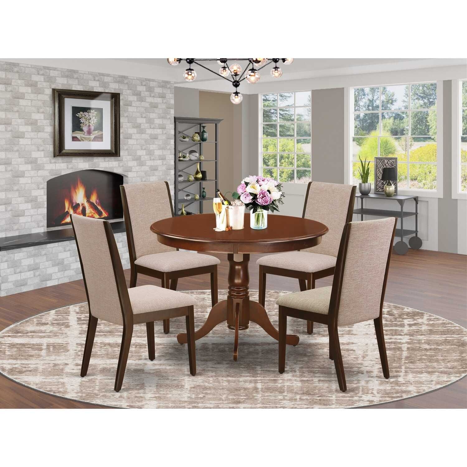 HomeStock 5-Piece Round Mahogany Finish Solid Wood Top Dining table with 4 Chairs