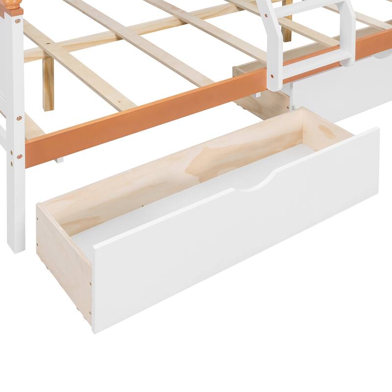 Twin Over Full Wooden Bunk Bed with Wardrobe, Drawers, Shelves and LED Light in White and Orange