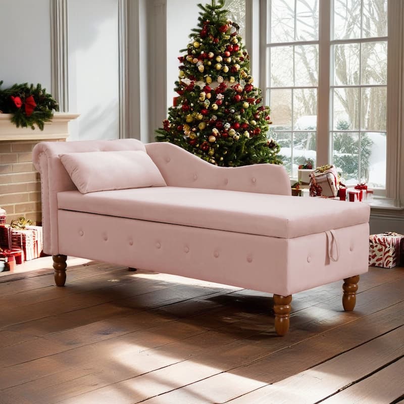 Kimberly Velvet Chaise Lounge with Storage and Pillow by GDFStudio - 58.26"L x27.9"W x 28.3"H - Pink